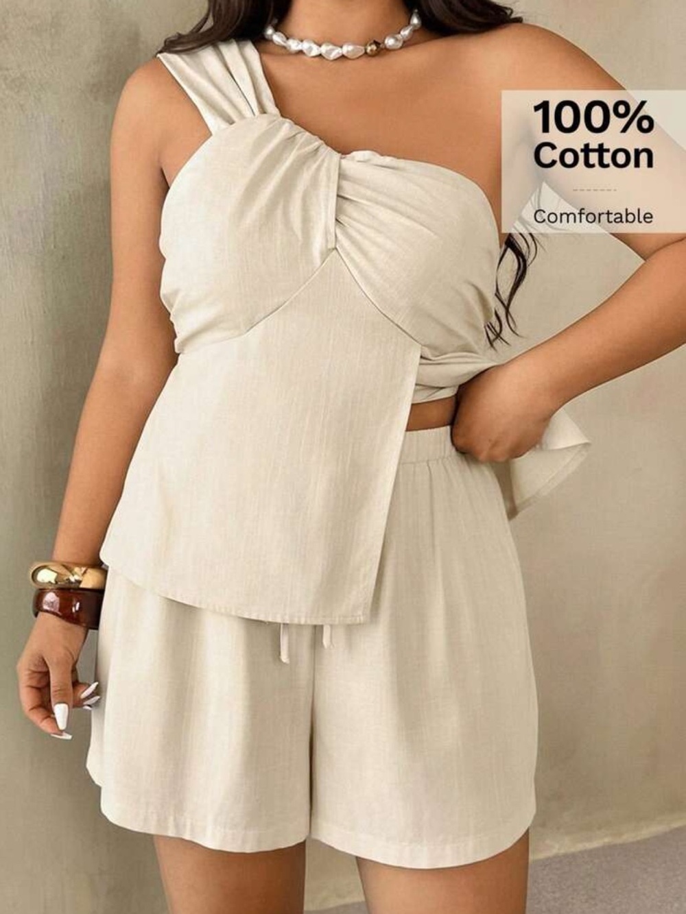 One-Shoulder Beige Cotton Top and Shorts Set - Picture 2 of 5